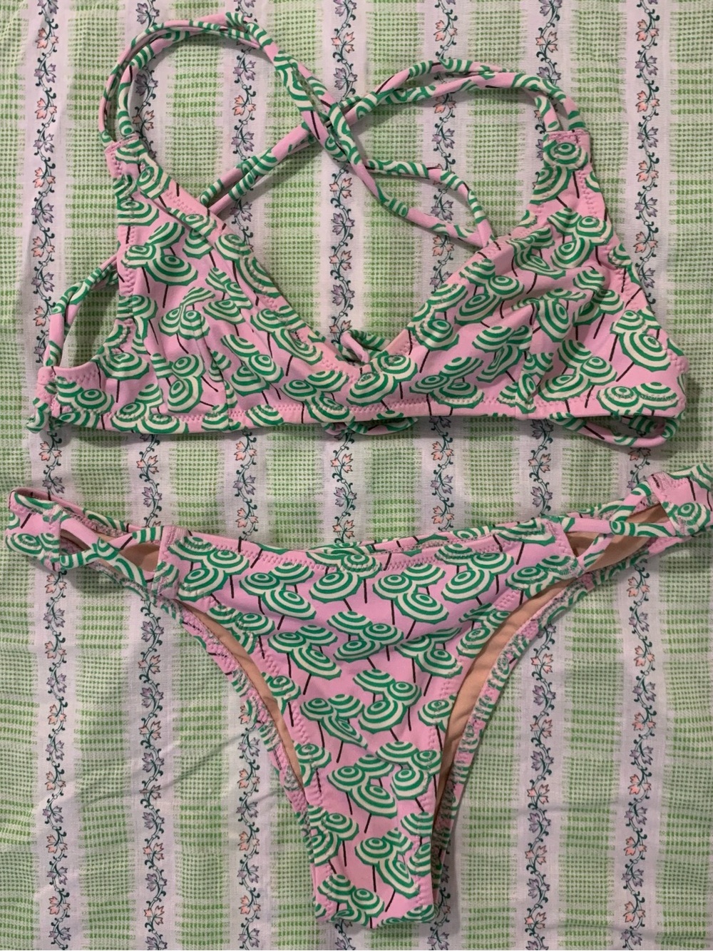 J. Crew Playa pink & green beach umbrella bikini set Sz XXS